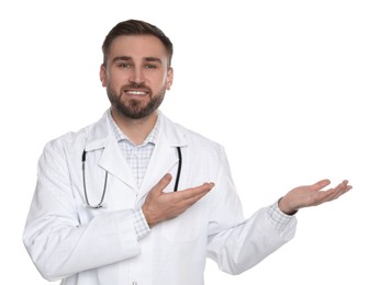 Portrait of young doctor on white background