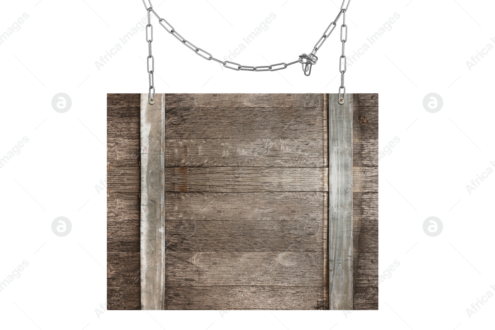 Image of One wooden signboard hanging on metal chain against white background. Space for text