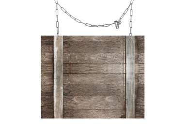 Image of One wooden signboard hanging on metal chain against white background. Space for text