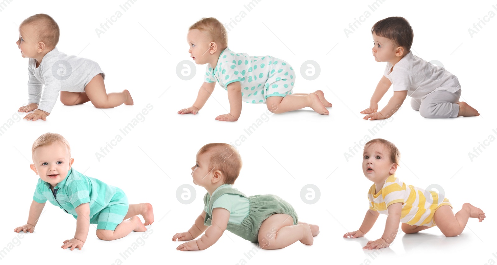 Image of Collage with photos cute little babies crawling on white background