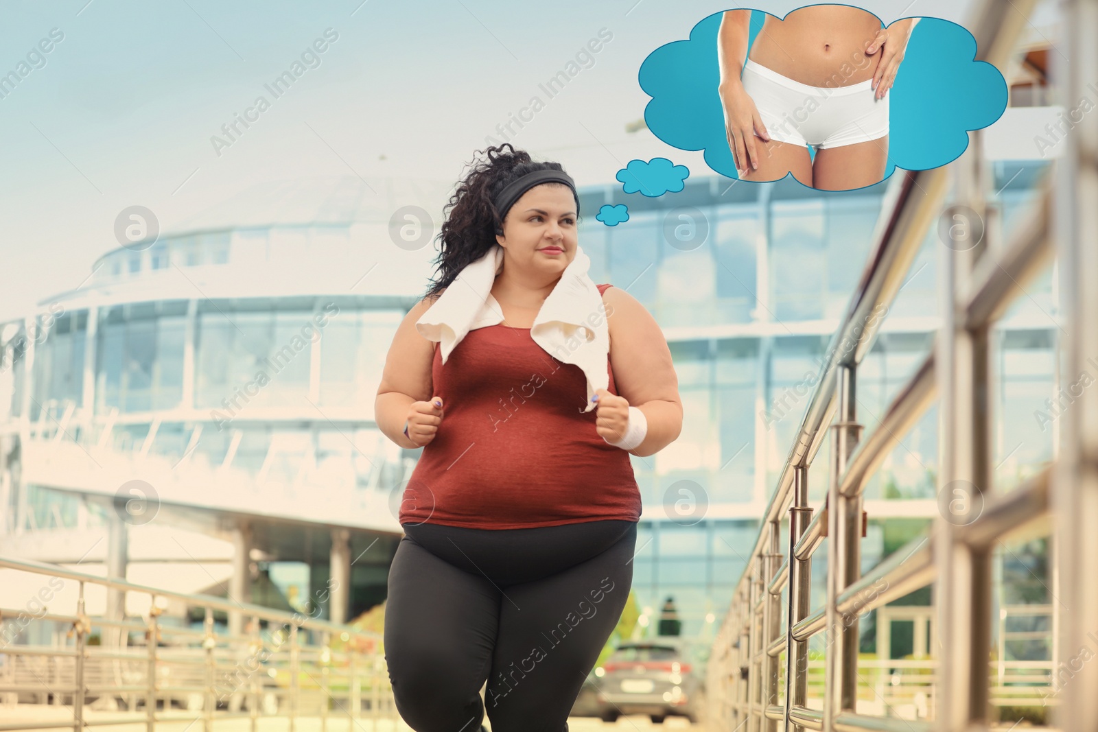 Image of Motivated overweight woman dreaming about slim body while running outdoors. Weight loss concept