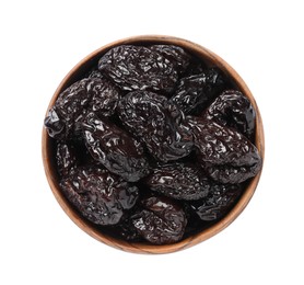 Photo of Bowl with sweet dried prunes isolated on white, top view