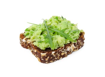 Photo of Delicious sandwich with guacamole and arugula on white background