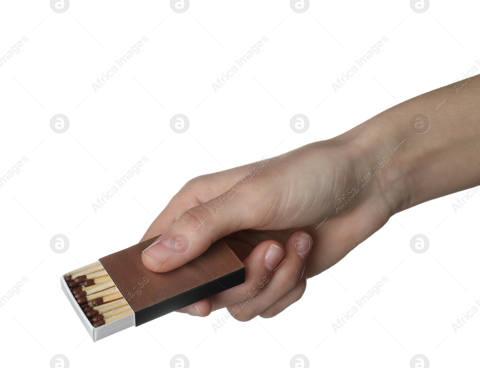 Photo of Woman holding box with matches on white background, closeup