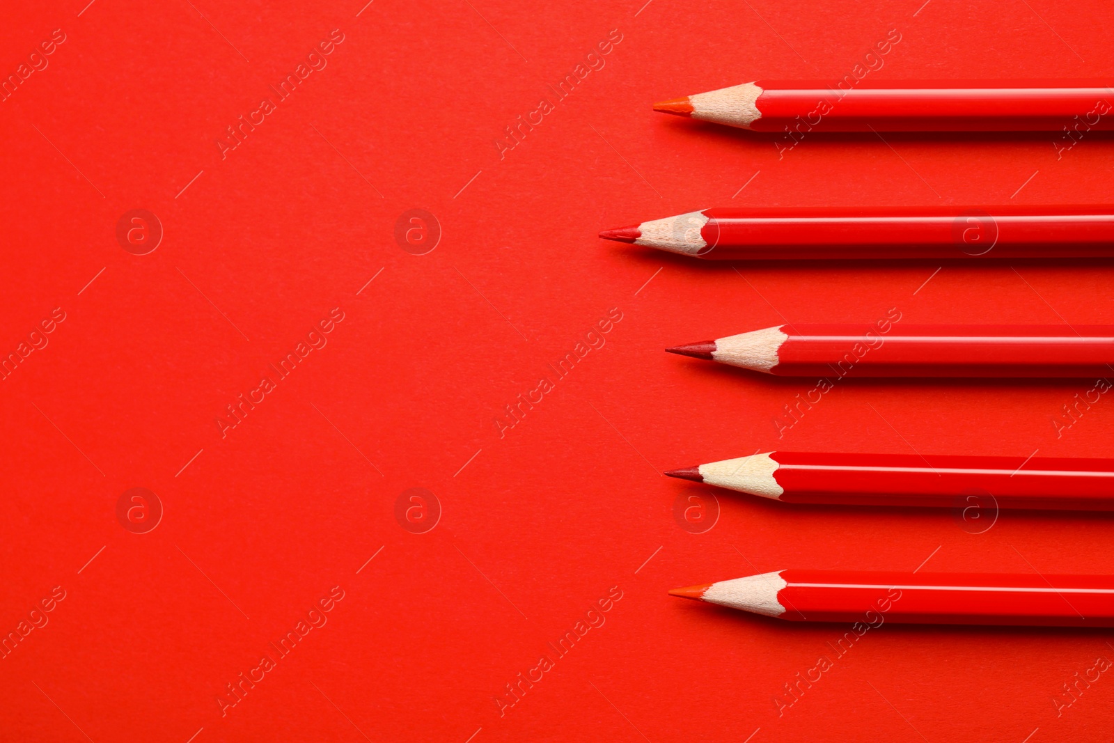 Photo of Flat lay composition with color pencils on red background. Space for text