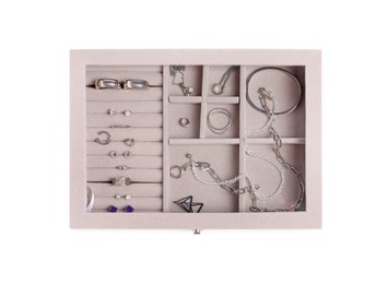 Photo of Jewelry box with many different silver accessories isolated on white, top view