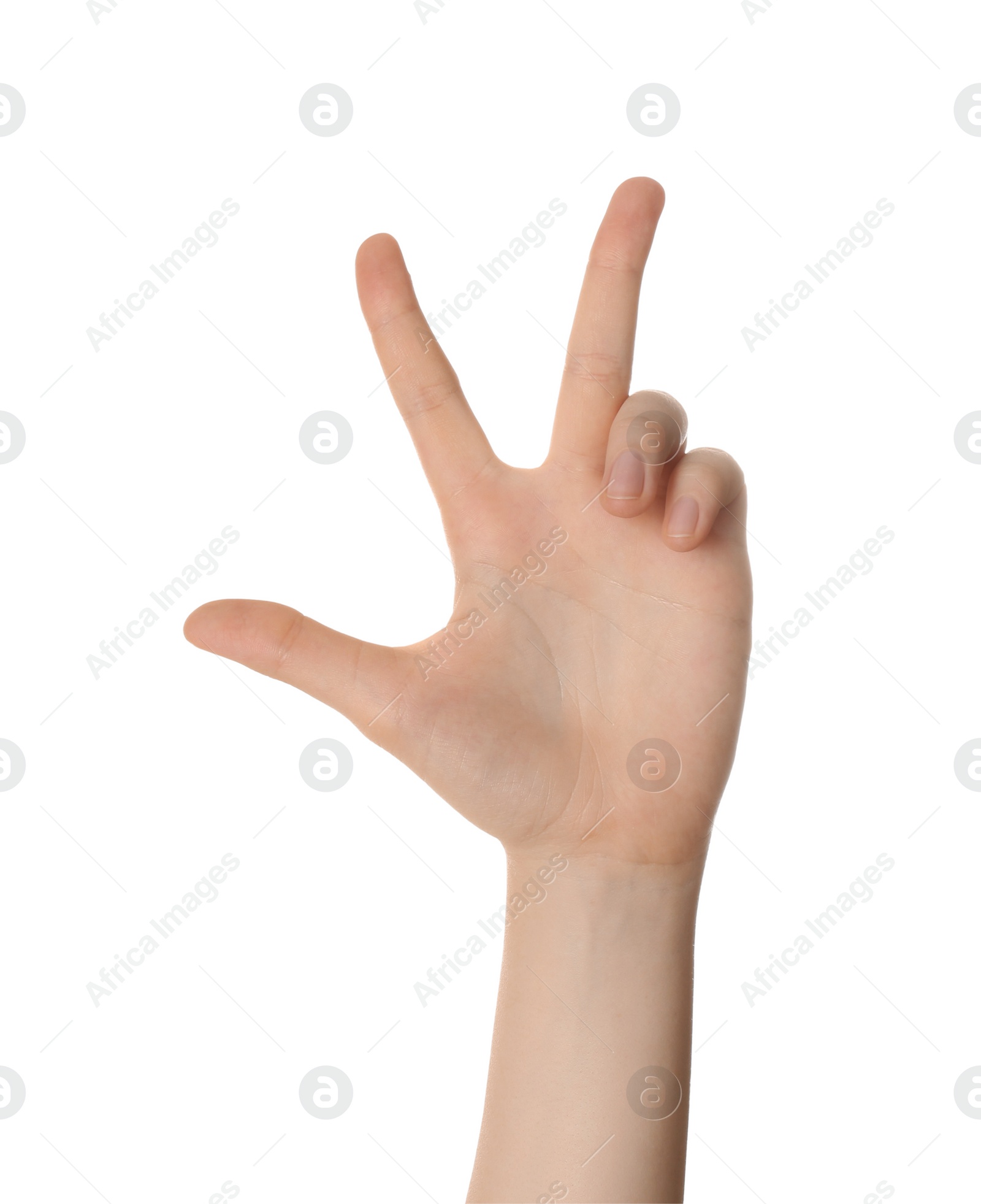 Photo of Woman showing three fingers isolated on white, closeup