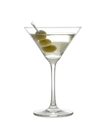 Photo of Glass of olive martini on white background