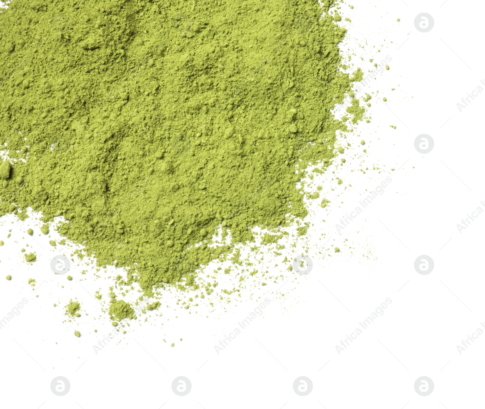 Photo of Green matcha powder isolated on white, top view