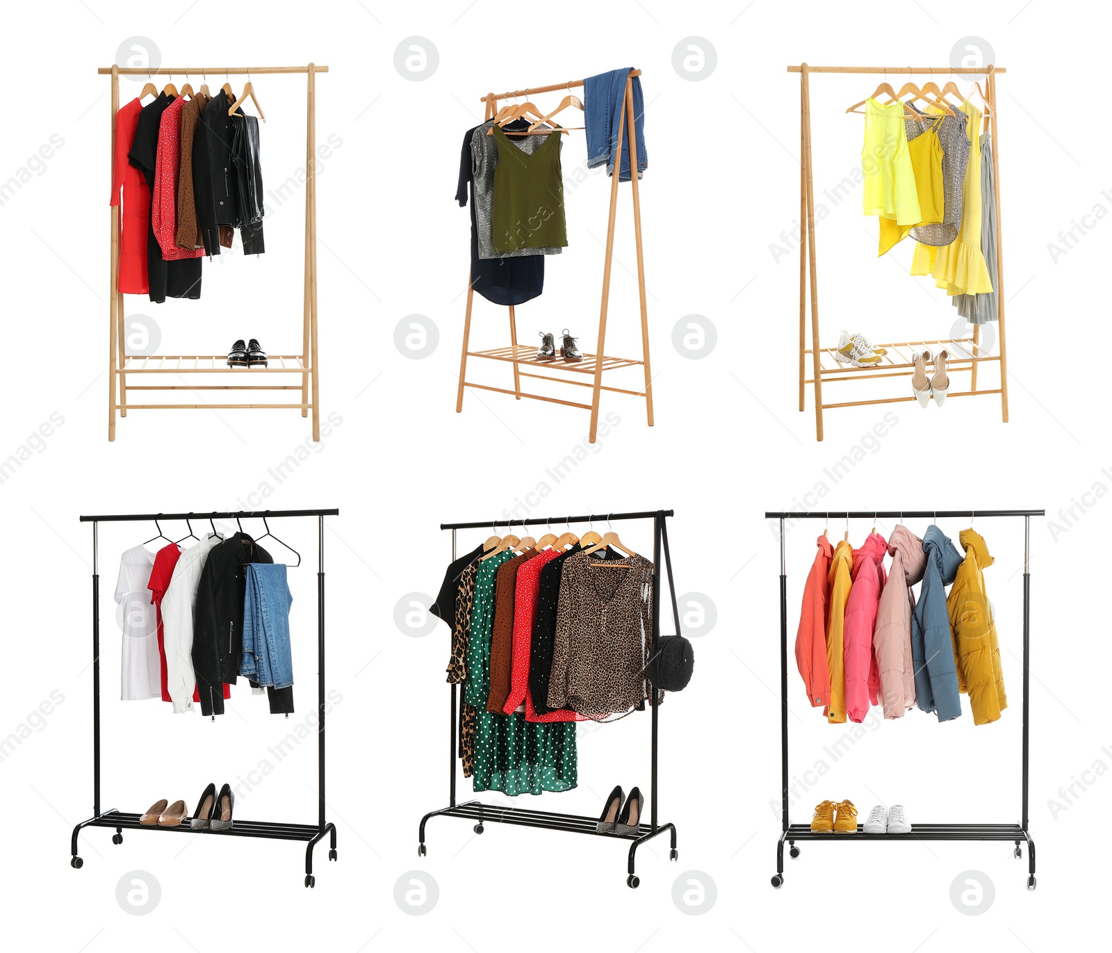 Image of Set of wardrobe racks with different clothes on white background