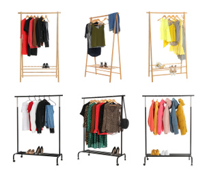 Set of wardrobe racks with different clothes on white background