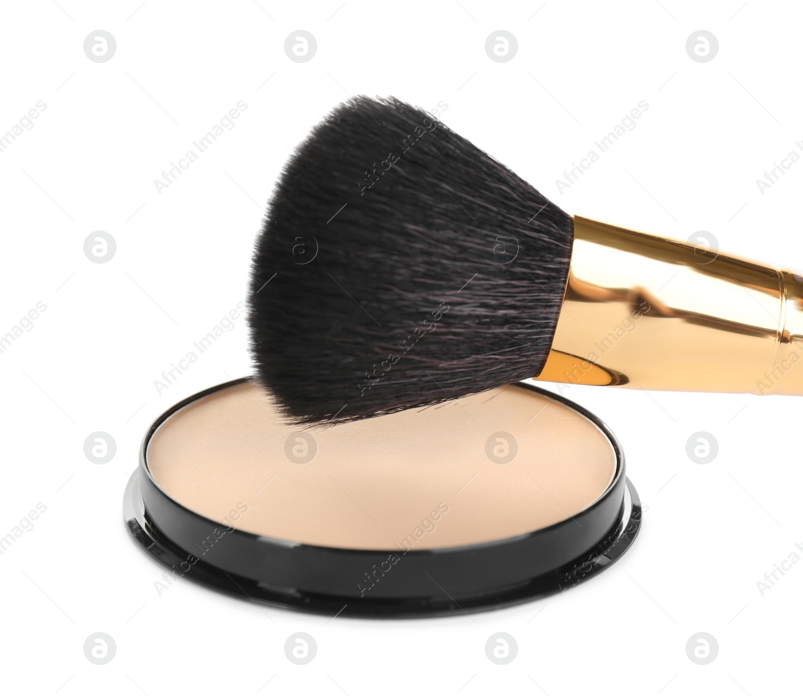 Photo of Face powder with brush on white background. Makeup product