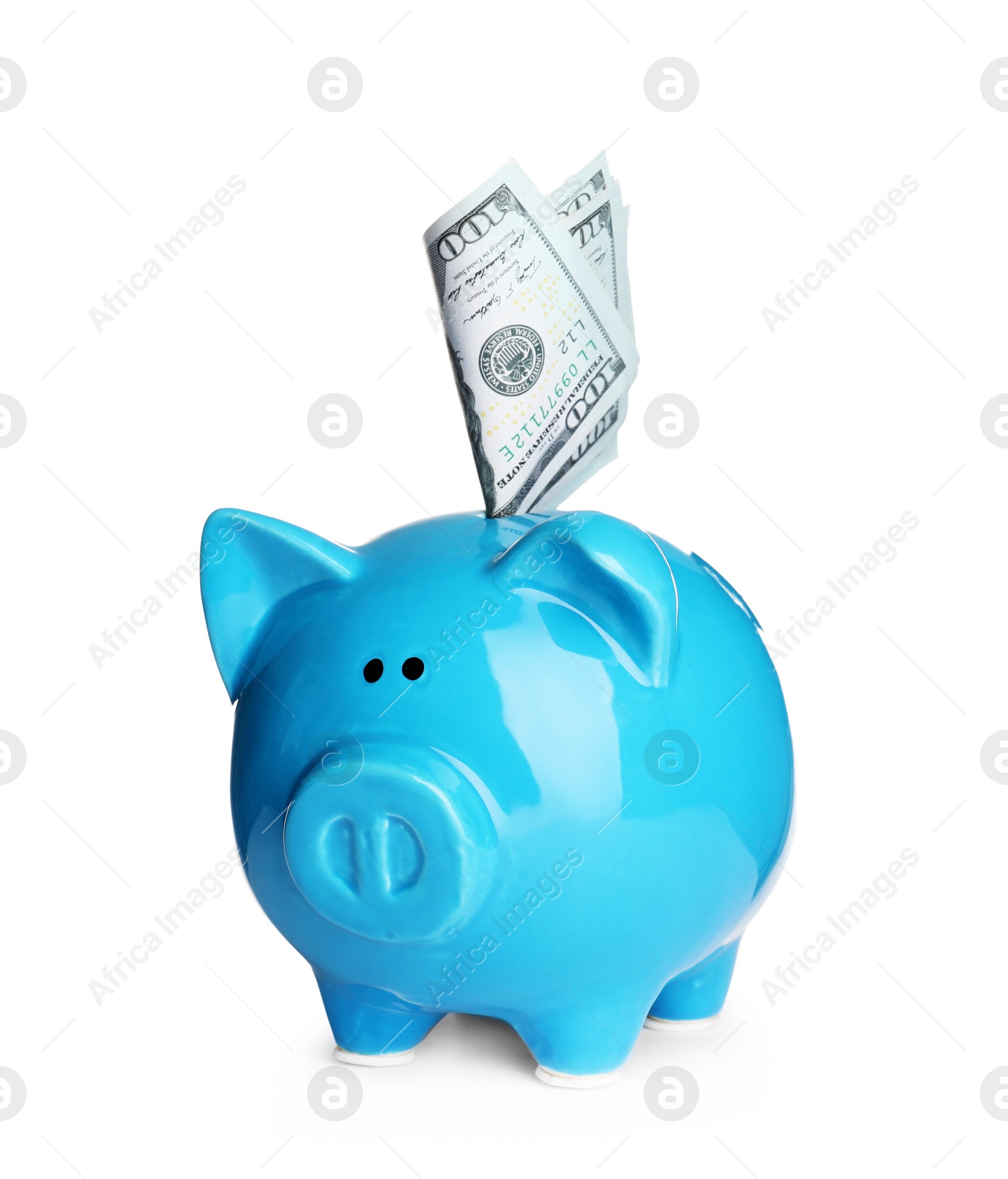 Photo of Piggy bank with money on white background