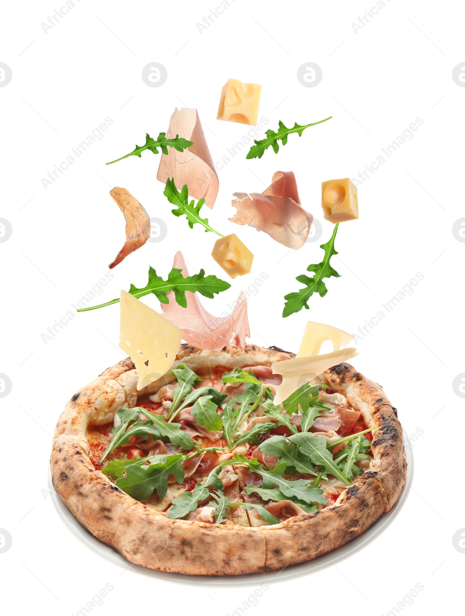 Image of Delicious pizza and flying ingredients on white background