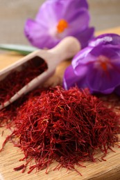Photo of Dried saffron and crocus flowers on wooden board, closeup