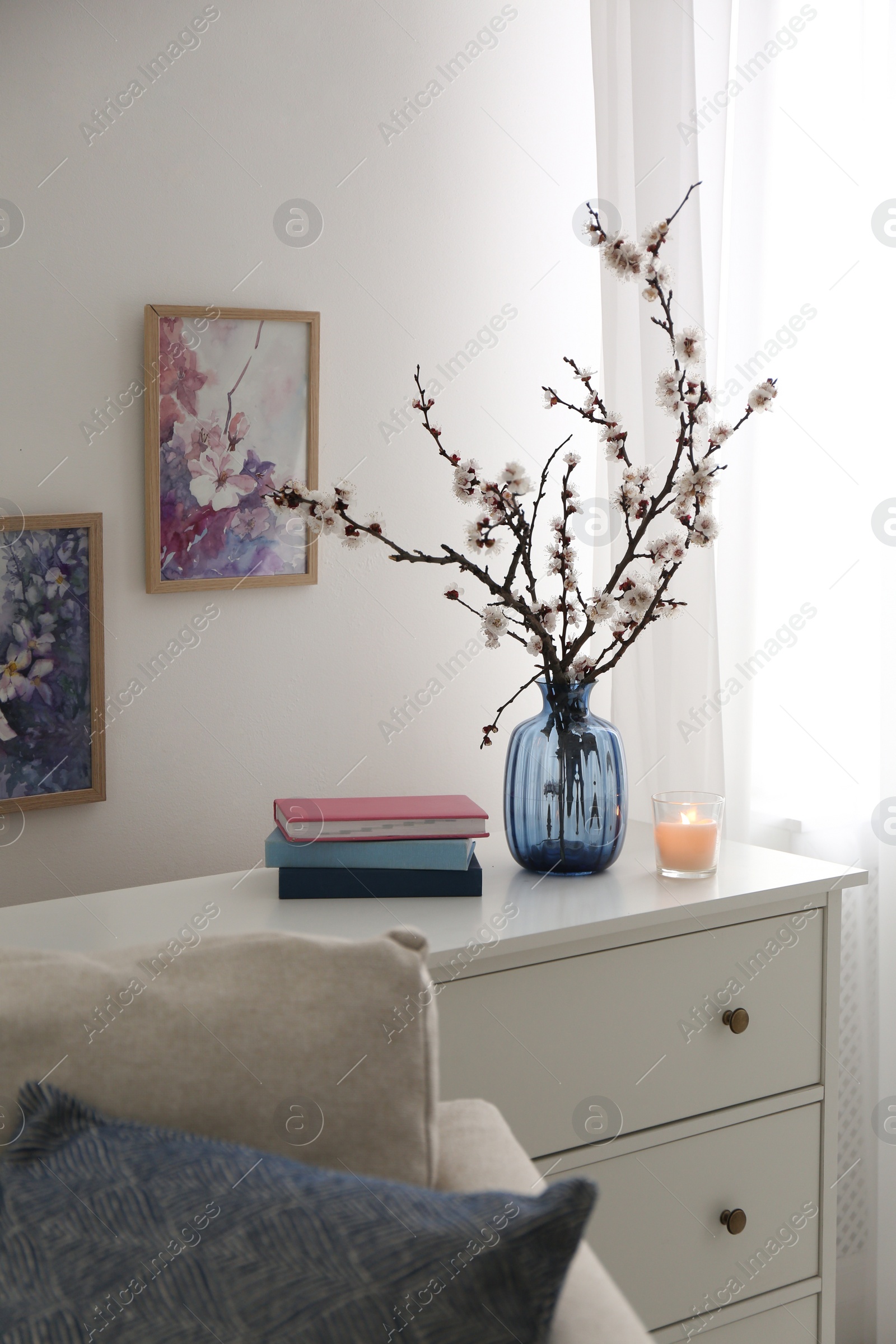 Photo of Flowering tree twigs, burning candle and books on white chest of drawers in living room