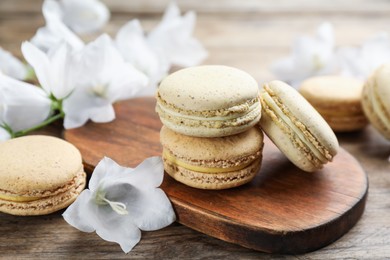 Photo of Delicious macarons and white bellflowers on wooden table