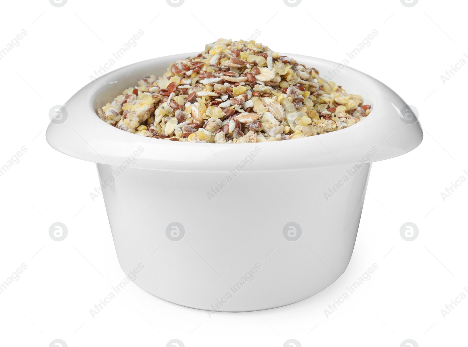 Photo of Granola in bowl on white background. Healthy snack