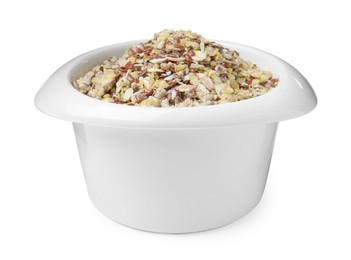 Photo of Granola in bowl on white background. Healthy snack