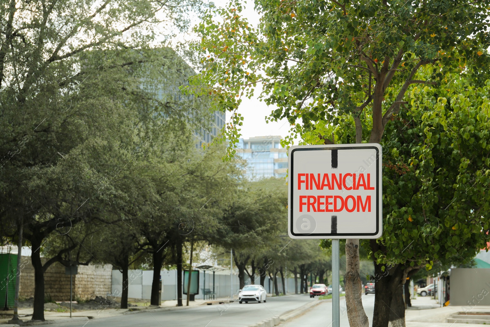 Image of Road sign with words Financial Freedom outdoors, space for text