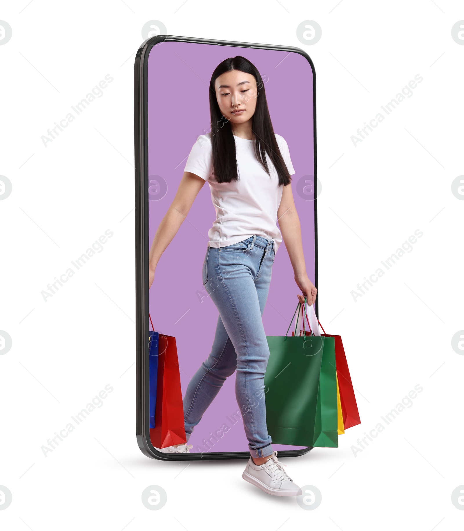 Image of Online shopping. Woman with paper bags walking out from smartphone on white background