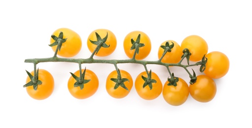 Photo of Branch of yellow cherry tomatoes on white background, top view