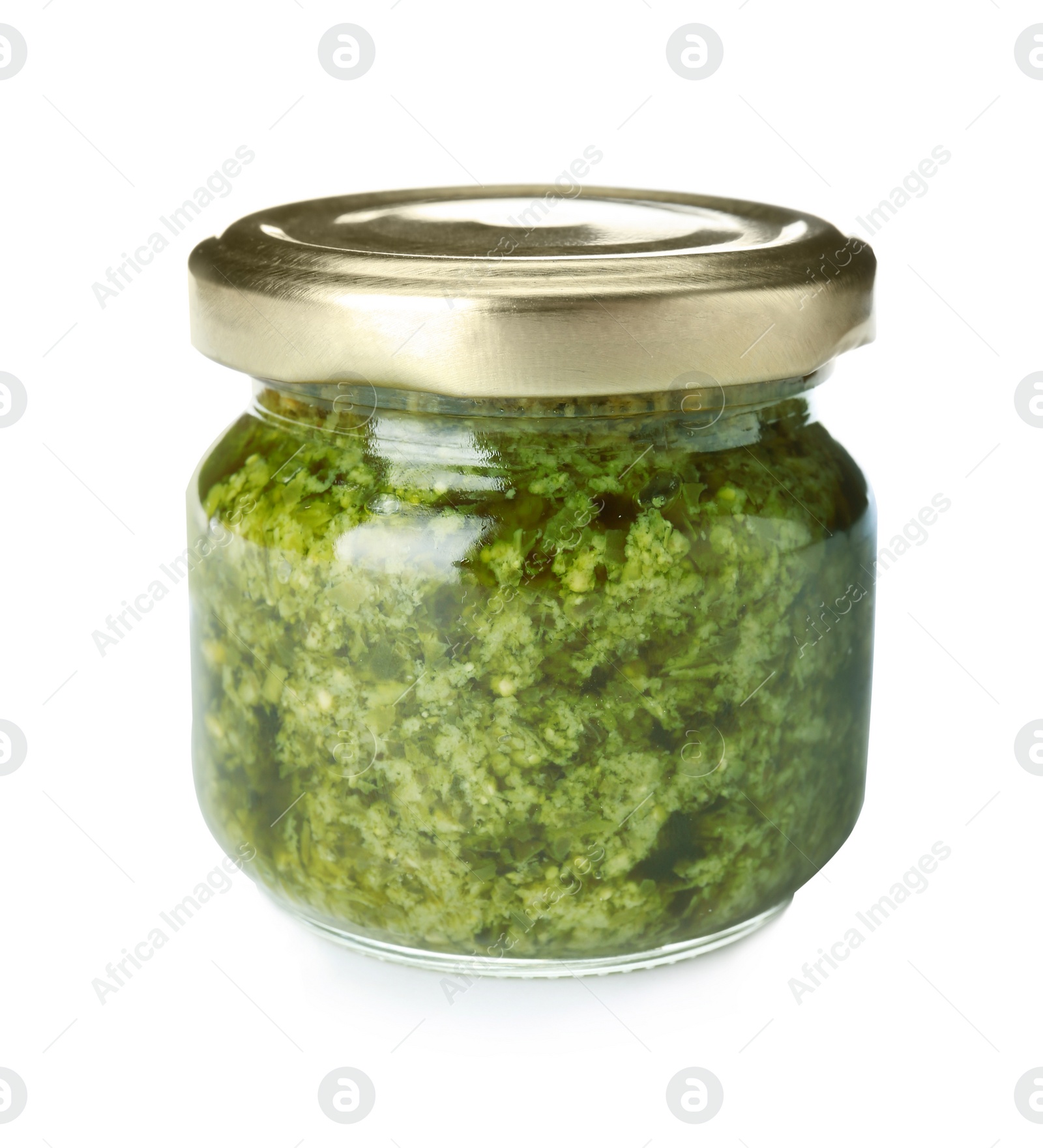 Photo of Jar of tasty pesto sauce isolated on white