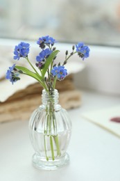 Photo of Beautiful blue forget-me-not flowers in glass bottle on window sill, closeup