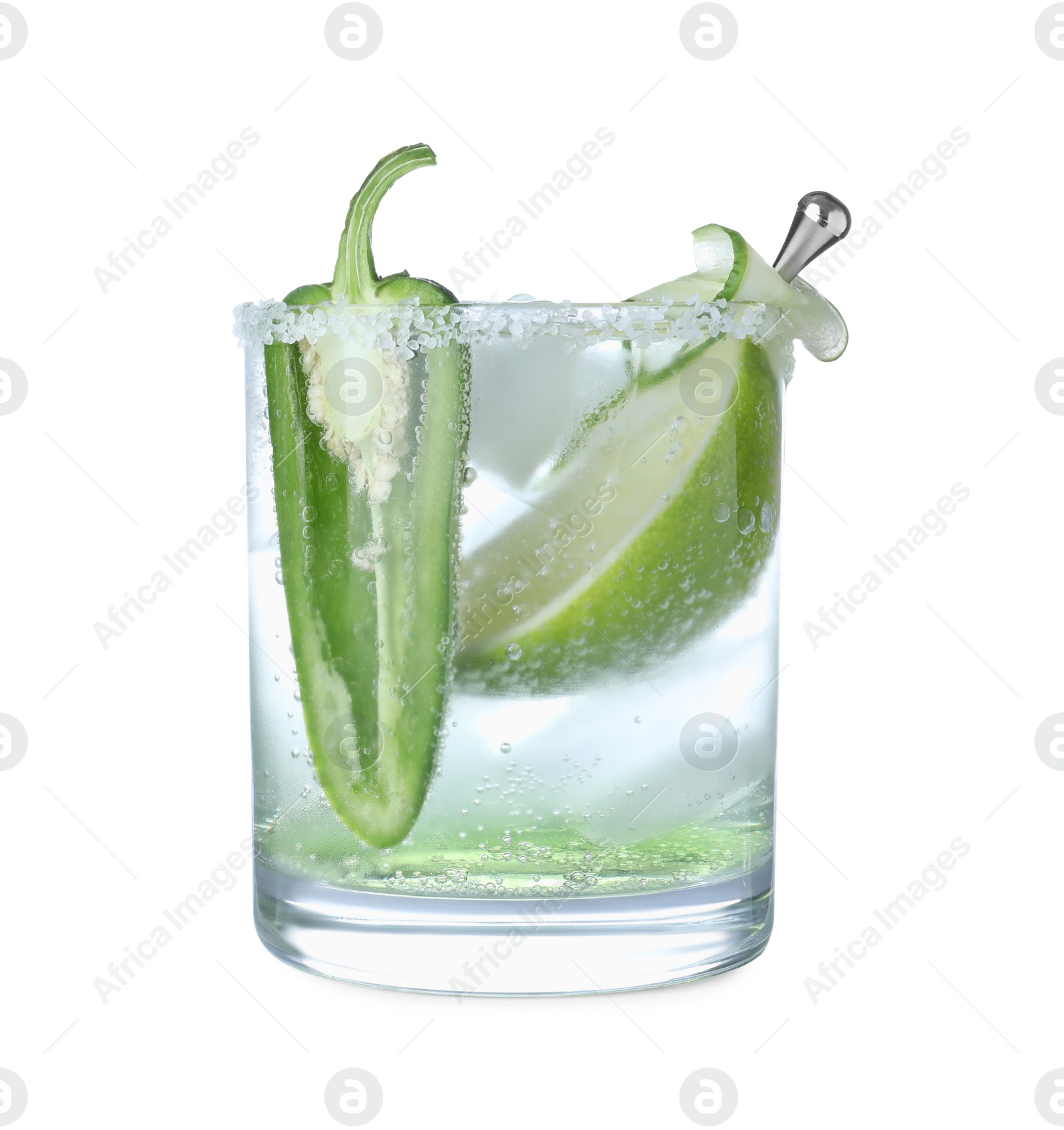 Photo of Spicy cocktail with jalapeno, cucumber and lime isolated on white