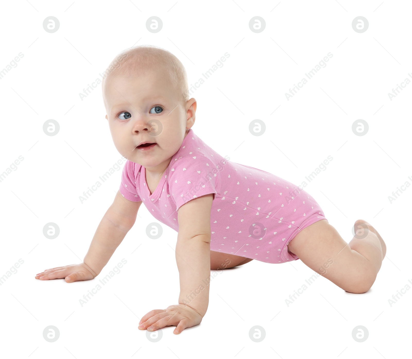 Photo of Cute little baby crawling on white background