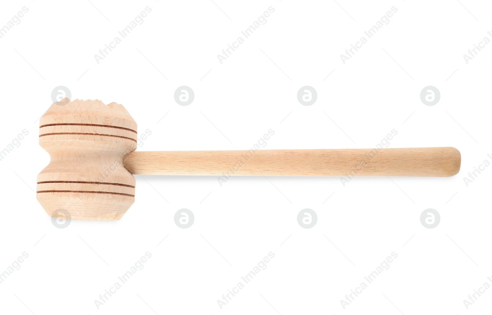 Photo of Wooden meat tenderizer mallet isolated on white, top view. Cooking utensil