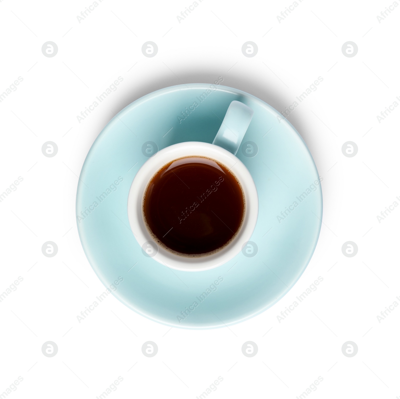 Photo of Tasty coffee in cup isolated on white, top view