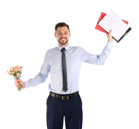 Photo of Portrait of businessman with documents and flowers on white background. Combining life and work