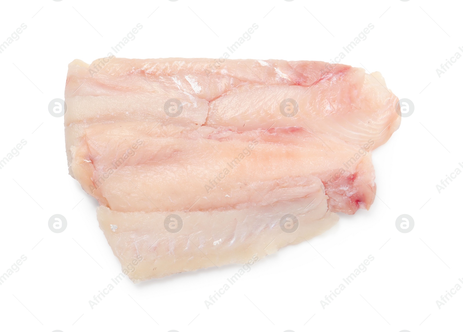 Photo of Pieces of raw cod fish isolated on white, top view