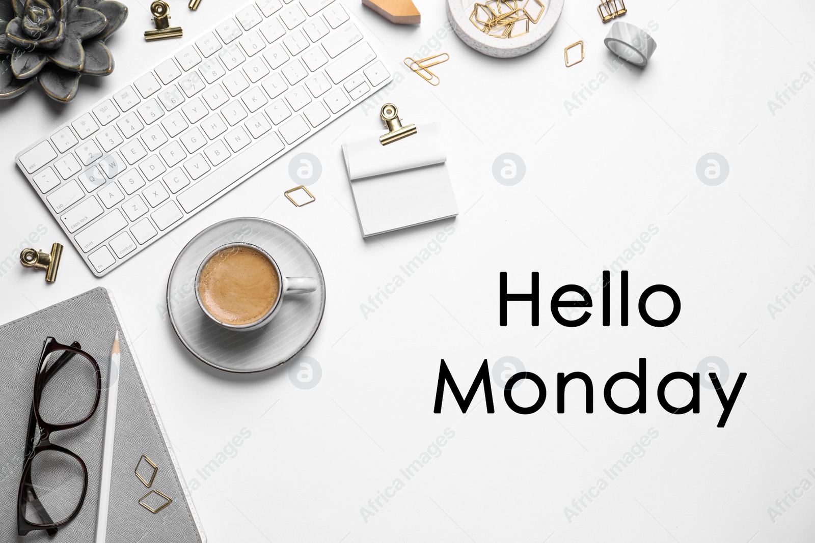 Image of Hello Monday, start your week with good mood. Flat lay composition with keyboard and coffee on white background 