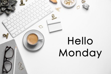 Hello Monday, start your week with good mood. Flat lay composition with keyboard and coffee on white background 