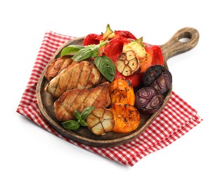 Photo of Board with tasty grilled vegetables, meat and basil isolated on white