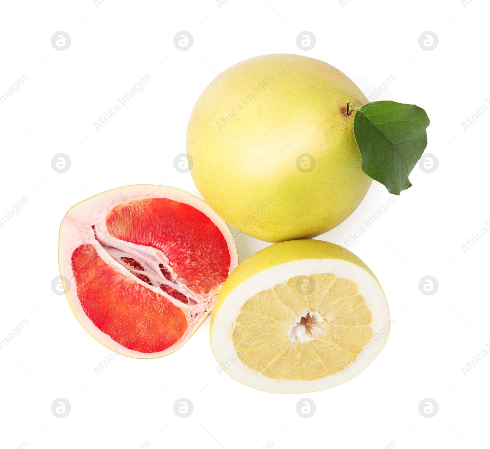 Photo of Tasty whole and cut pomelo fruits isolated on white, top view