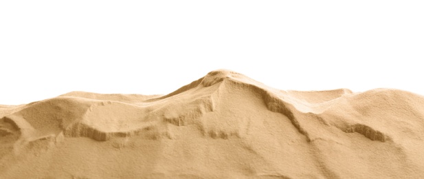 Photo of Heap of dry beach sand on white background