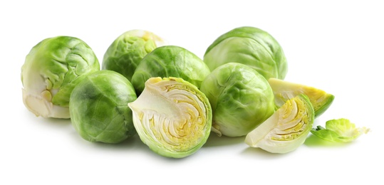 Fresh tasty Brussels sprouts on white background