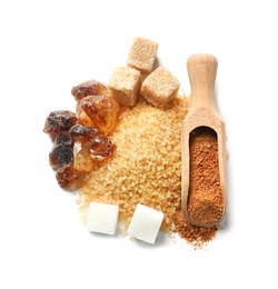 Photo of Various kinds of sugar on white background