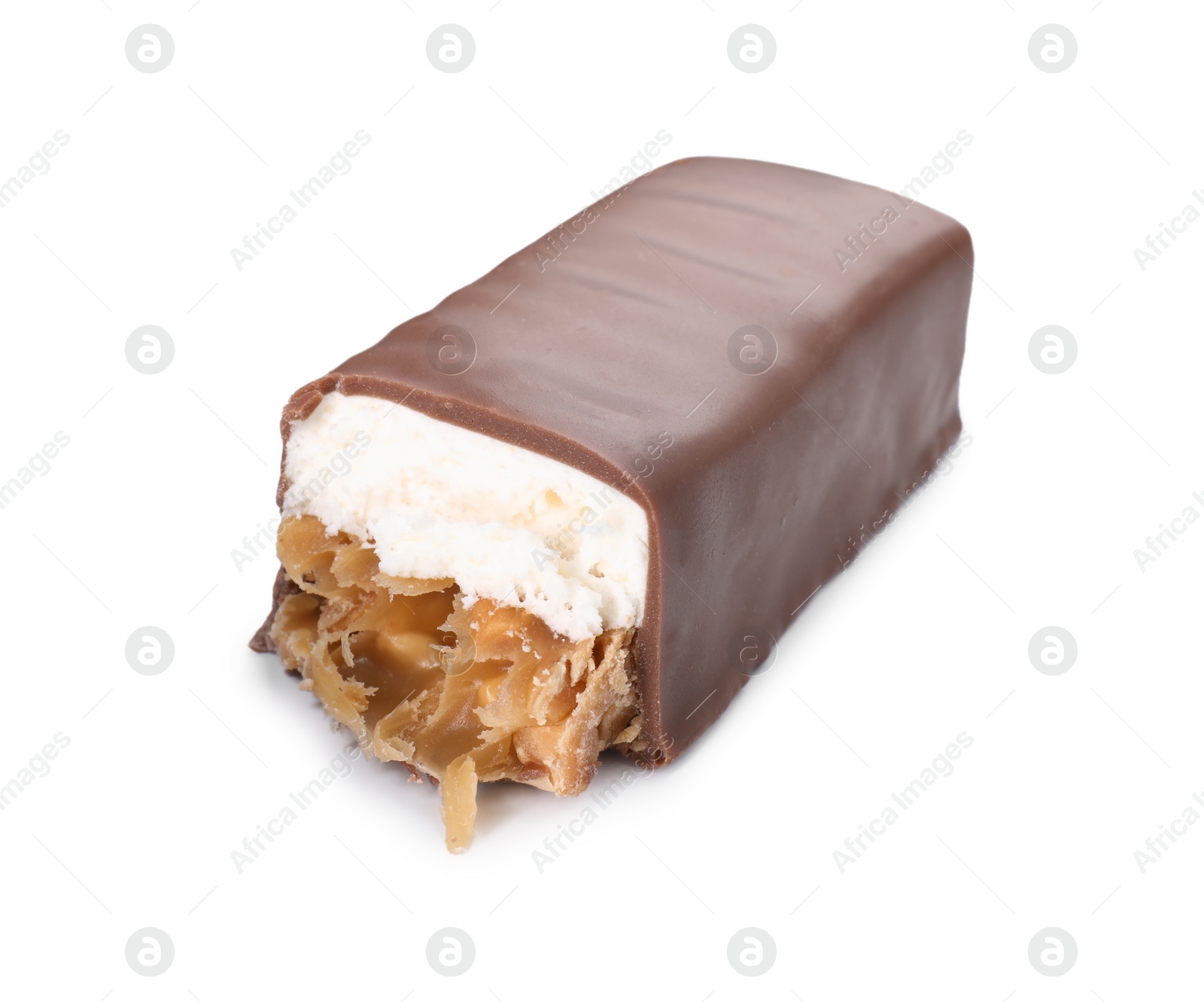 Photo of Tasty chocolate bar with nougat and nuts isolated on white