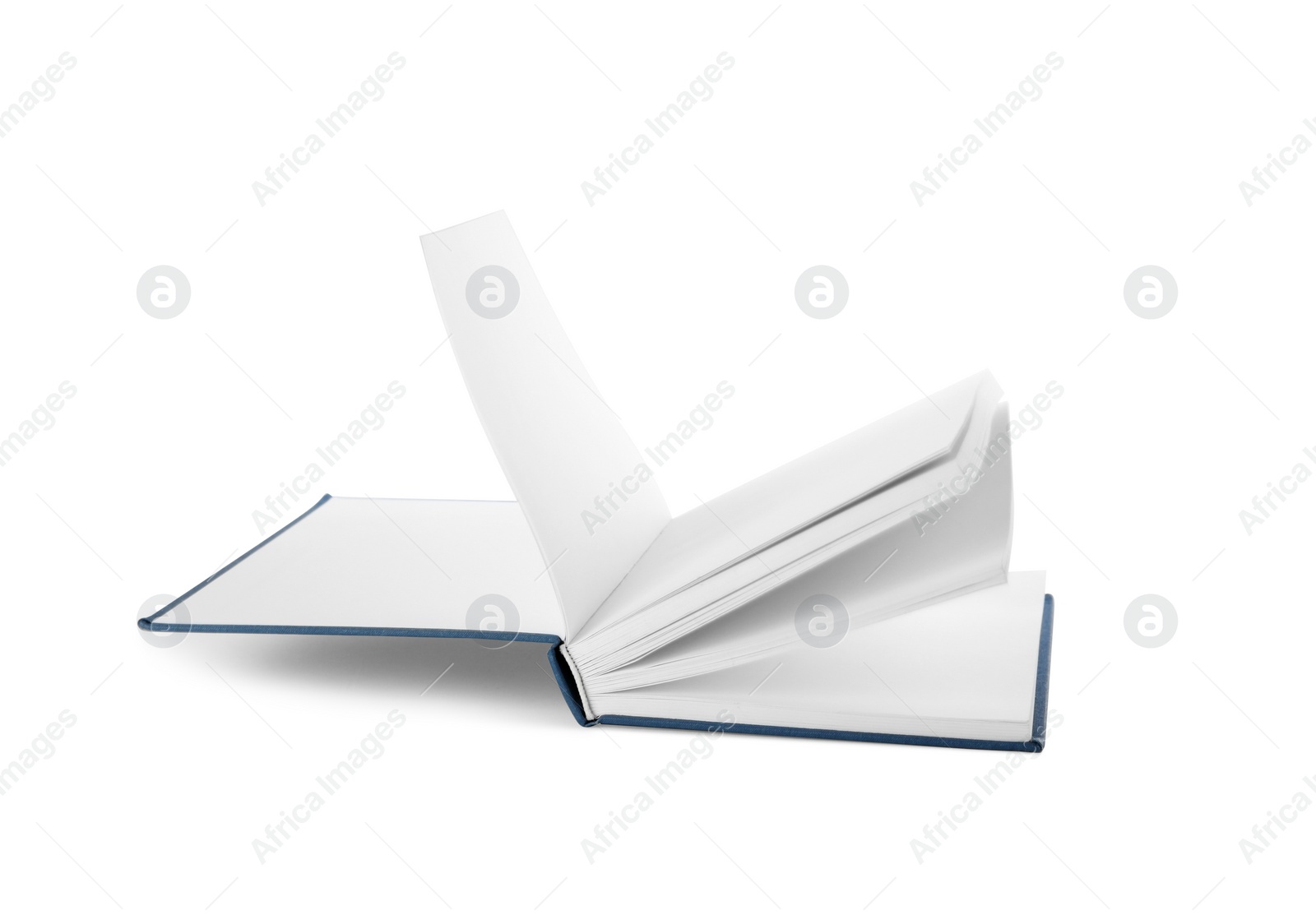 Photo of Open hardcover book with blank pages on white background