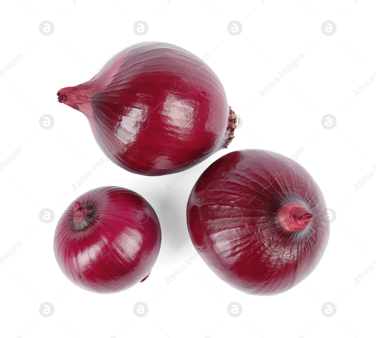 Photo of Fresh whole red onions on white background, top view