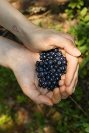 Photo of Woman holding bilberries outdoors, top view. Seasonal berries