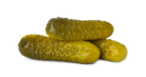 Photo of Tasty crunchy pickled cucumbers on white background