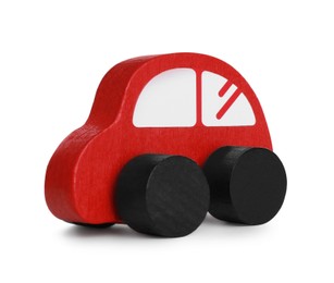 Photo of Wooden car figure isolated on white. Educational toy for motor skills development