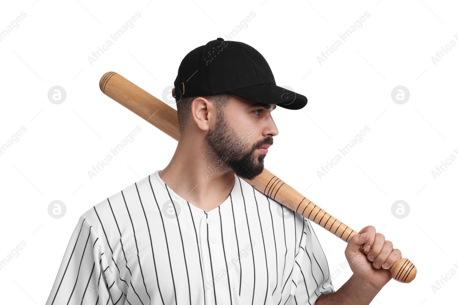 Photo of Man in stylish black baseball cap holding bat on white background