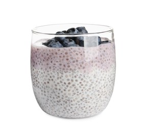 Photo of Delicious chia pudding with blueberries on white background
