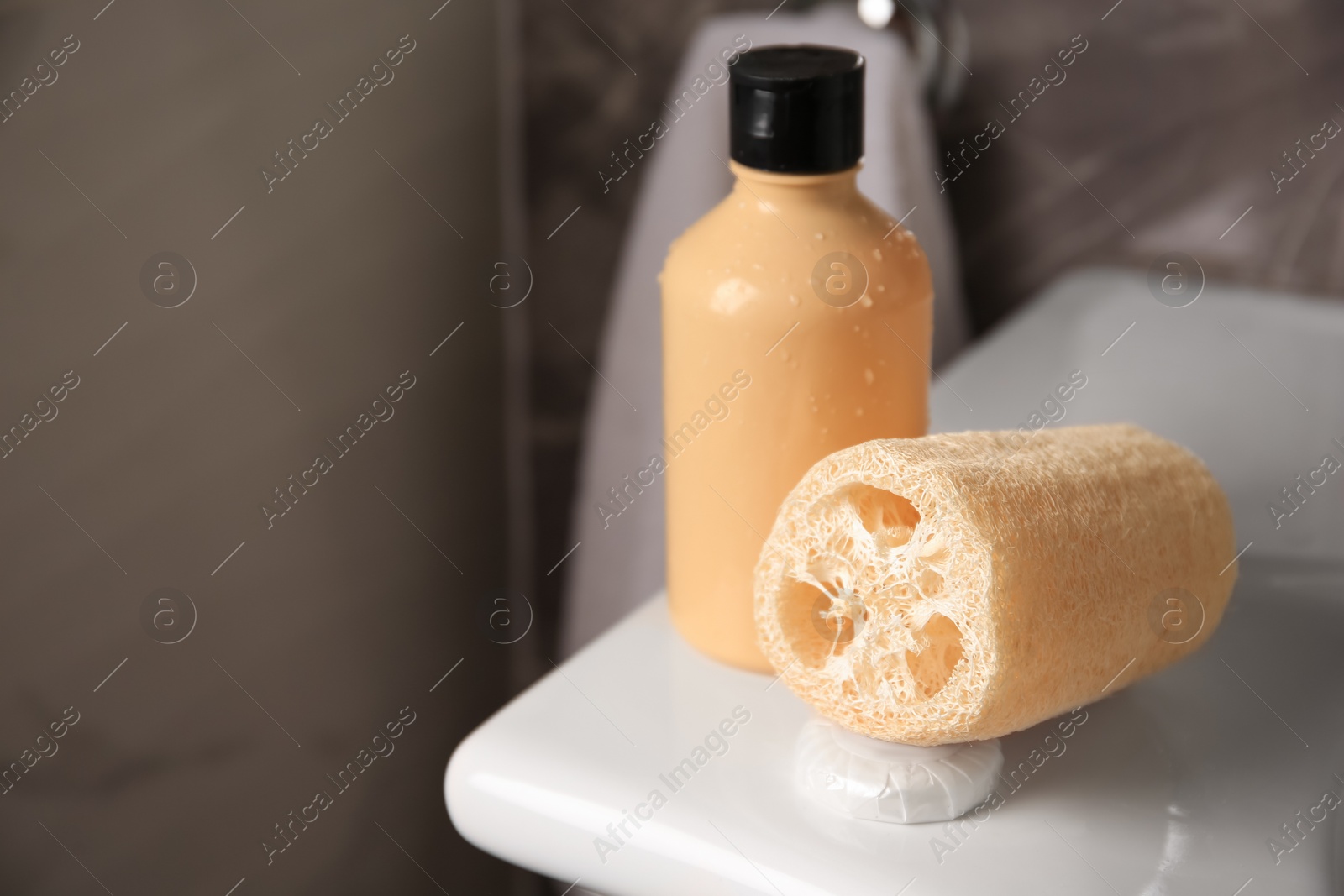 Photo of Natural loofah sponge and shower gel bottle on washbasin in bathroom, space for text